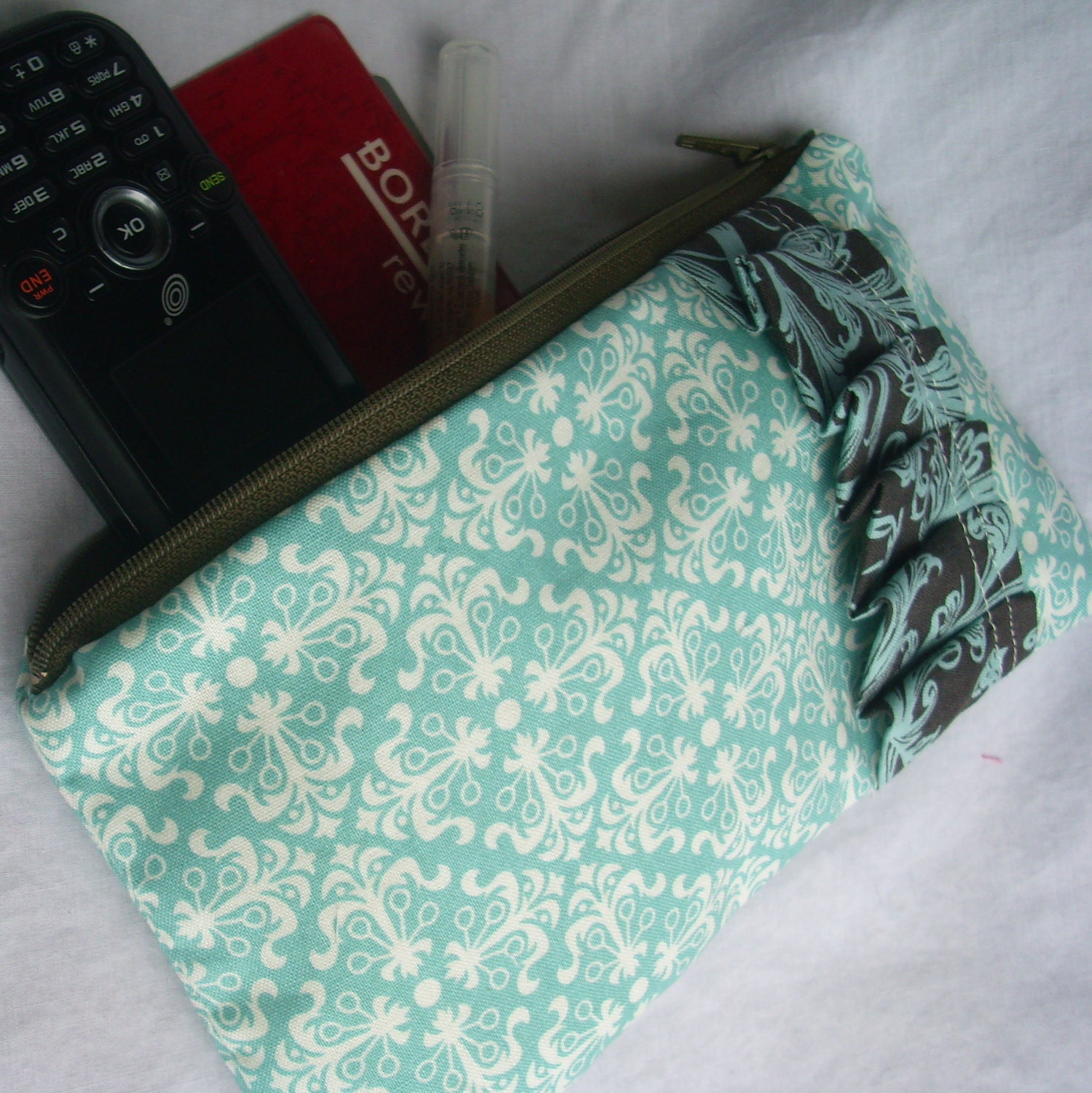 Sea Glass Blue Clutch with Brown Floral Pleats