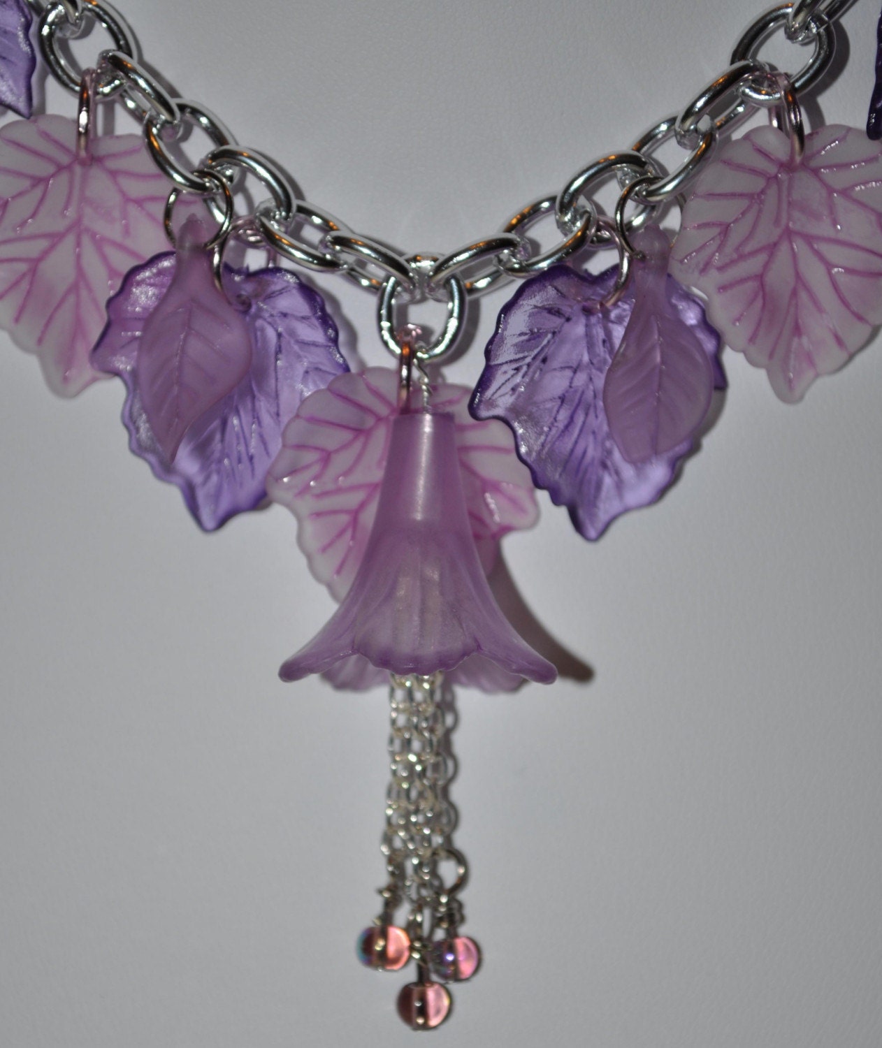 Purple Flower and Leaf Chain Necklace