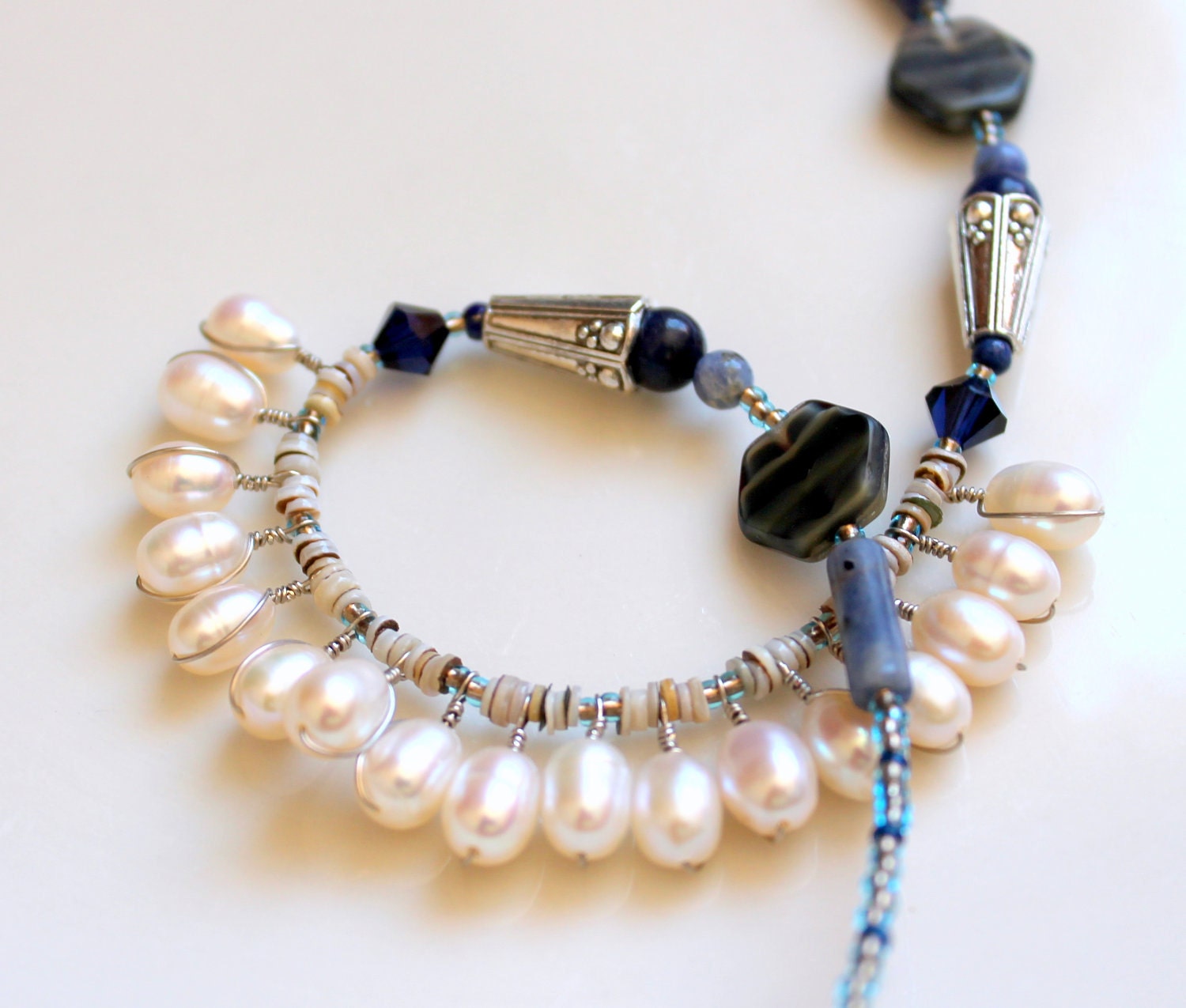 pearl wrapped necklace. beaded bridal jewelry lapis lazuli and seashells