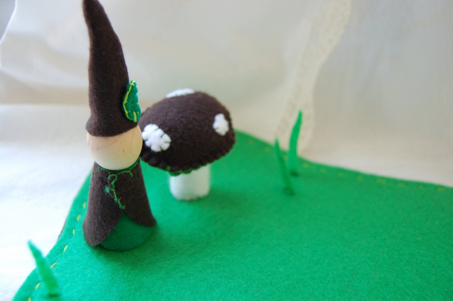 March Wooden Peg Gnome Doll and Felt Mushroom Play Set