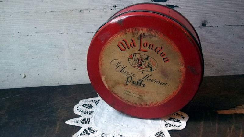 Vintage Old London Cheese Flavored Puffs Tin Red Rustic Chic Farmhouse Decor Kitchen Decor