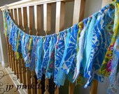 Blue Aqua Yellow Wedding Banner /Easter/ Shabby Garland/ Torn Fabric Rag Garland / Nursery / Birthday/ Girl or Boy Photo Prop / 8 ft RTS.