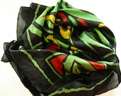 Designer Vintage Silk Scarf in Crimson and Emerald, Circa 1950s, Accessory, Headwear, Geometric