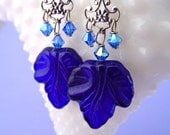 Vintage cobalt blue glass leaf earrings handmade with sterling silver