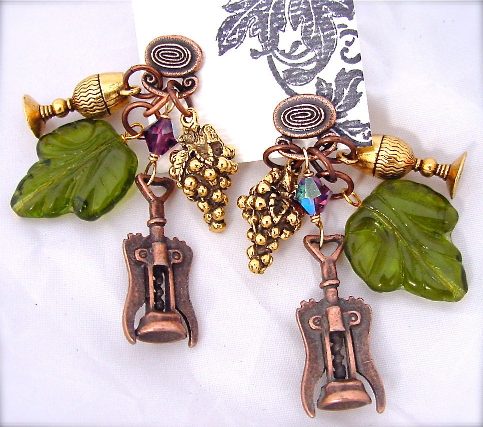 wine taster earrings vintage grape leaves copper corckscrew California vacation