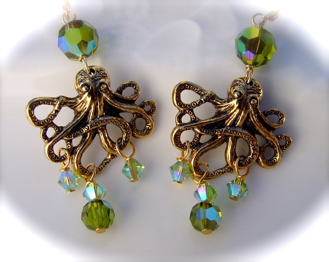 Octopus earrings under the sea Austrian crystals lime olive green
