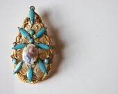 Spring Jewelry // Spring Fashion // Spring Brooch // Gold Brooch // Vintage Jewely // Vintage Gold Tear Drop with Blue Jewels and Rose Print