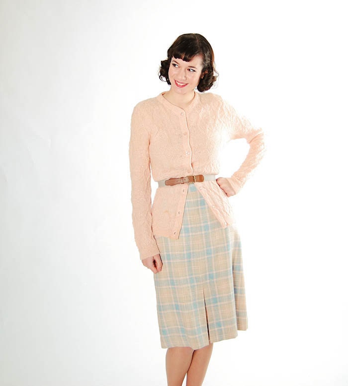 Vintage 1960s Pencil Skirt - 60s Wool Skirt - Pastel Blue & Blush Plaid Tweed