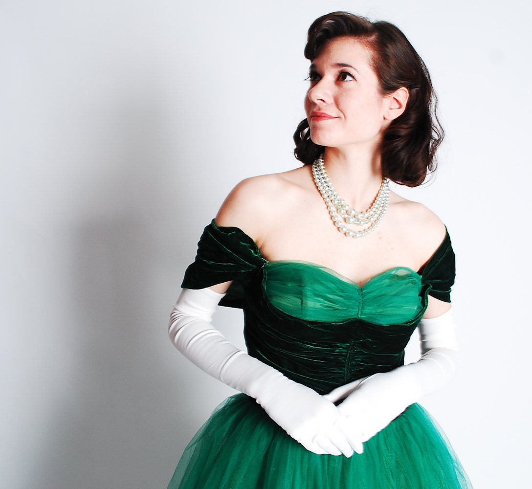 Vintage 1940s Formal Dress - 40s Prom Gown - Emerald Green
