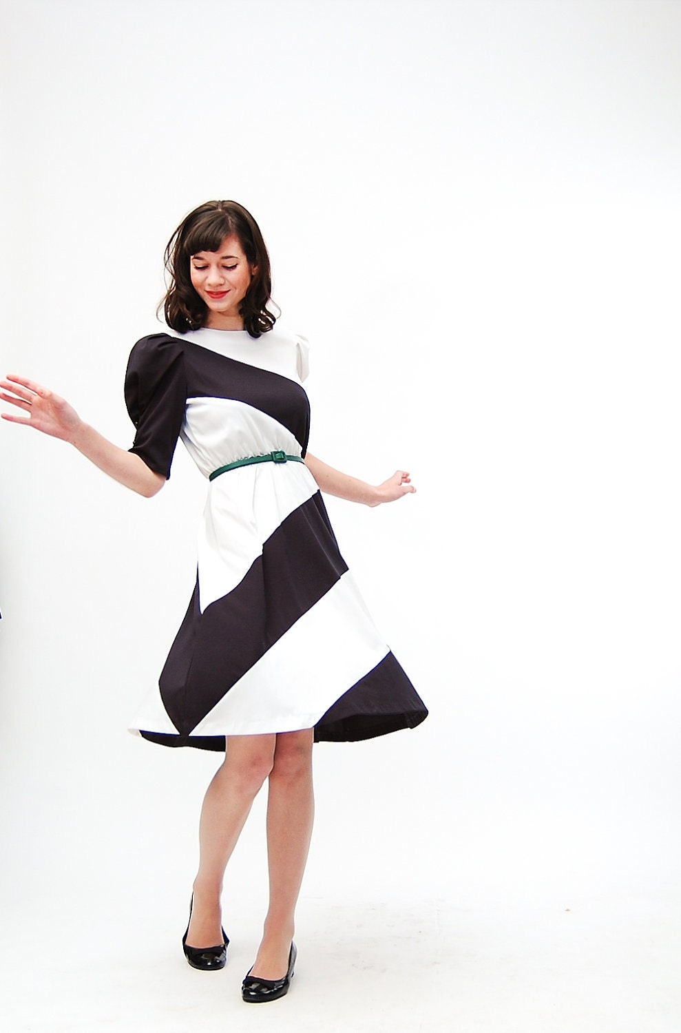 Vintage 1980s Dress - 80s Party Dress - Black and White Stripe