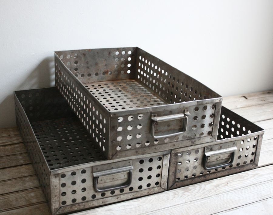 vintage industrial metal perforated drawers - reserved for mllerorie