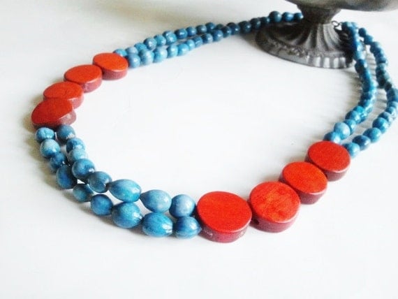 Double strand blue and red  ethnic wood statement necklace- The Ashira