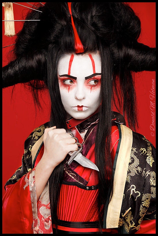 Black and Red Asian Geisha Anime warrior Wig