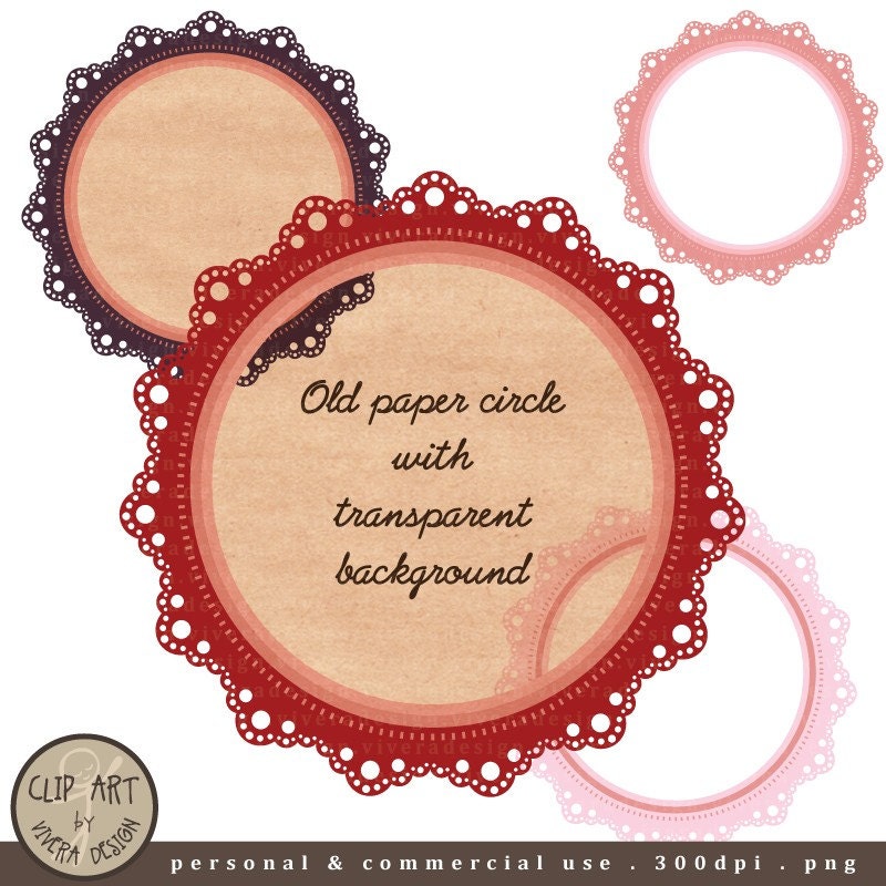 Digital Clip Art - Lace Circle Frames with Transparent Old Paper Journaling Spot - 300dpi PNG