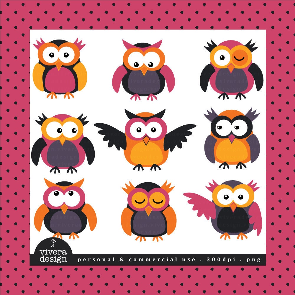 The Happy Funky Owls - Digital Clip Art - Owls in Orange, Pink, and Grey