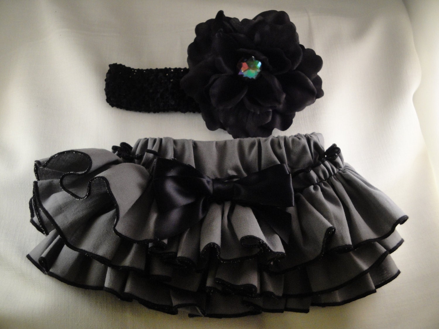 Classic Gray and Black Ruffle Diaper Cover Bloomers With Matching Flower Headband