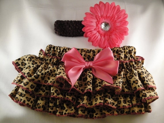 Pink Cheetah Ruffle Diaper Cover Bloomers With Matching Flower Headband