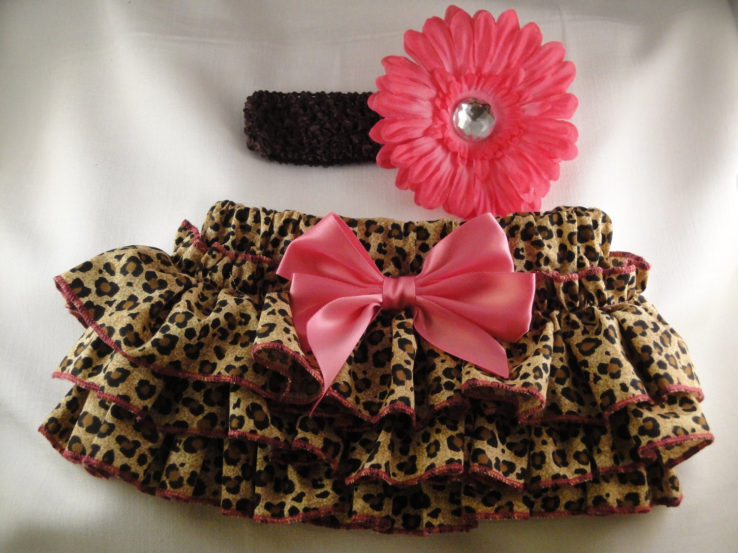 Pink Cheetah Ruffle Diaper Cover Bloomers With Matching Flower Headband
