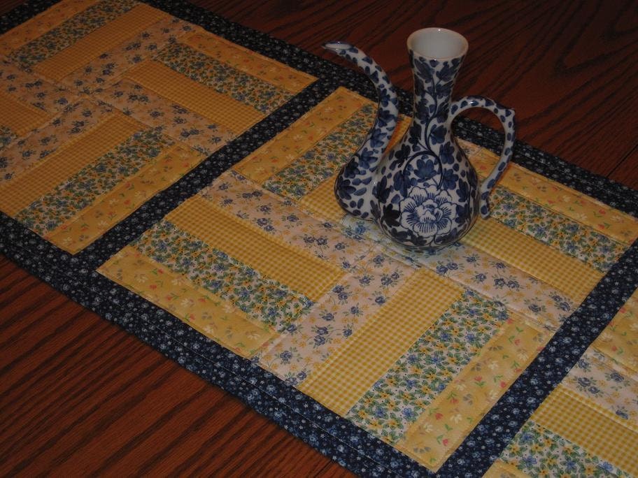 French Country, Cottage Chic, Quilted Table Runner, "Ashley's Flowers" Blue & Yellow Rail Fence, Summer Runner, Shabby Chic Runner