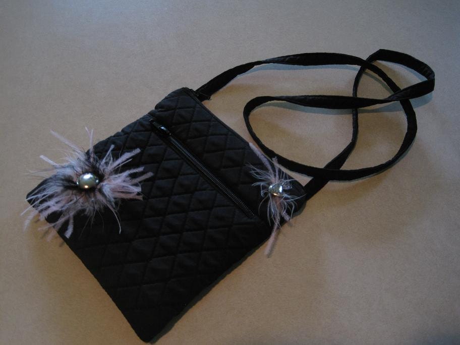 SALE Quilted Cross Body/Shoulder Hip Bag, Black/Pink with vintage silver cat head button, Unique mini purse, great gift.