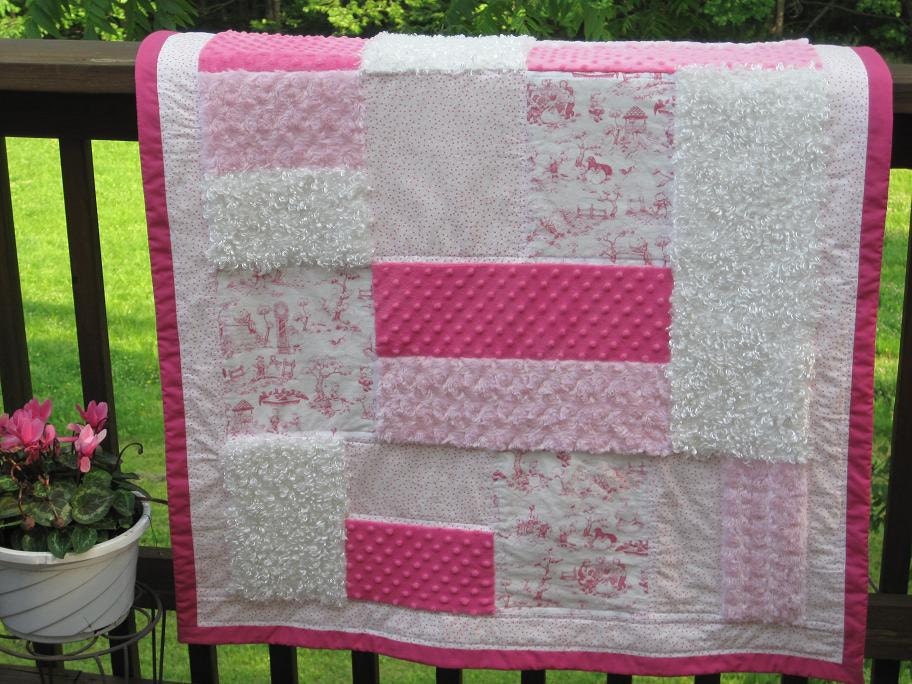 Textured Baby Quilt, "Nursery Rhyme Time", Pinks, White, French Country Toile, Photo Prop, Crib Quilt, Nursery Classic