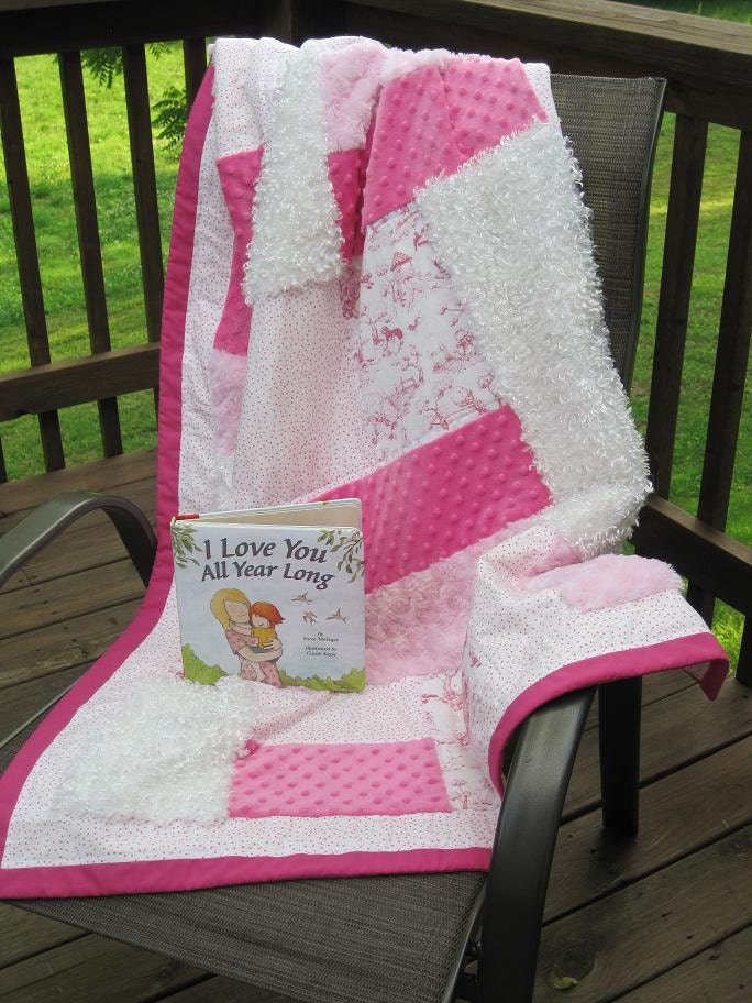 Textured Baby Quilt, "Nursery Rhyme Time", Pinks, White, French Country Toile, Photo Prop, Crib Quilt, Nursery Classic