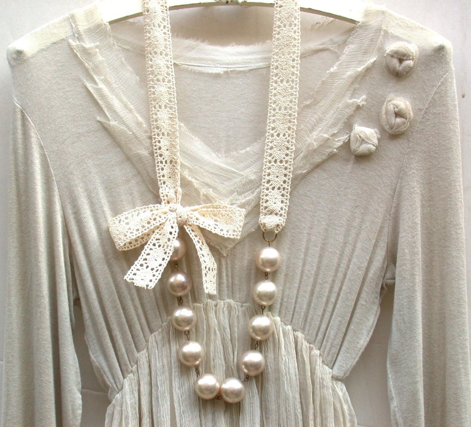 Carrie Bradshaw Inspired Giant Vintage Cream Pearls Long Necklace In Elegant Beige Crochet Cotton Lace Ribbon - roomofyourown