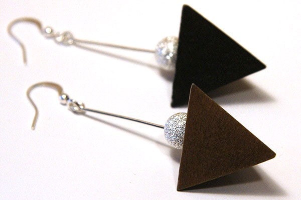 Pyramid Earrings. Modern Minimalist Earrings. Dark Chocolate Brown Wood. Silver Stardust Bead. Sterling Silver Wire. Modern Edgy - KapKaDesign