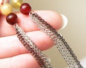Cranberry and Green Jade Earrings. Natural Stone Beads. Multi Chain Earrings.  Runway Fashion. Long Dangle Earrings. tagt