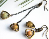 Jade Earrings, Vintage Style, Antique Bronze Triangle Frame, Gunmetal Chain, You Pick Short or Long Dangle