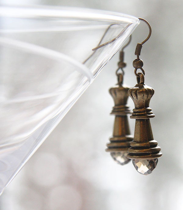 Chess Queen Earrings. Smoky Quartz Crystal. Antique Bronze. Chess Piece. TAGT TEAM