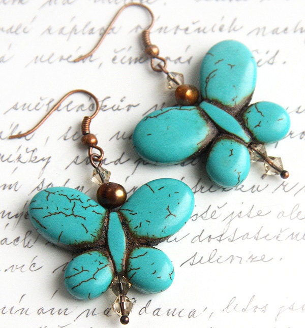 on Vacation / Turquoise Butterfly Earrings. Freshwater Pearl. Swarovski Crystals. Antique Copper, Teal Blue