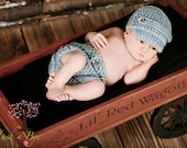 Adorable Newborn Blue Jean Baby Hat and Diaper Cover Set (Boy or girl frog in pocket removable)
