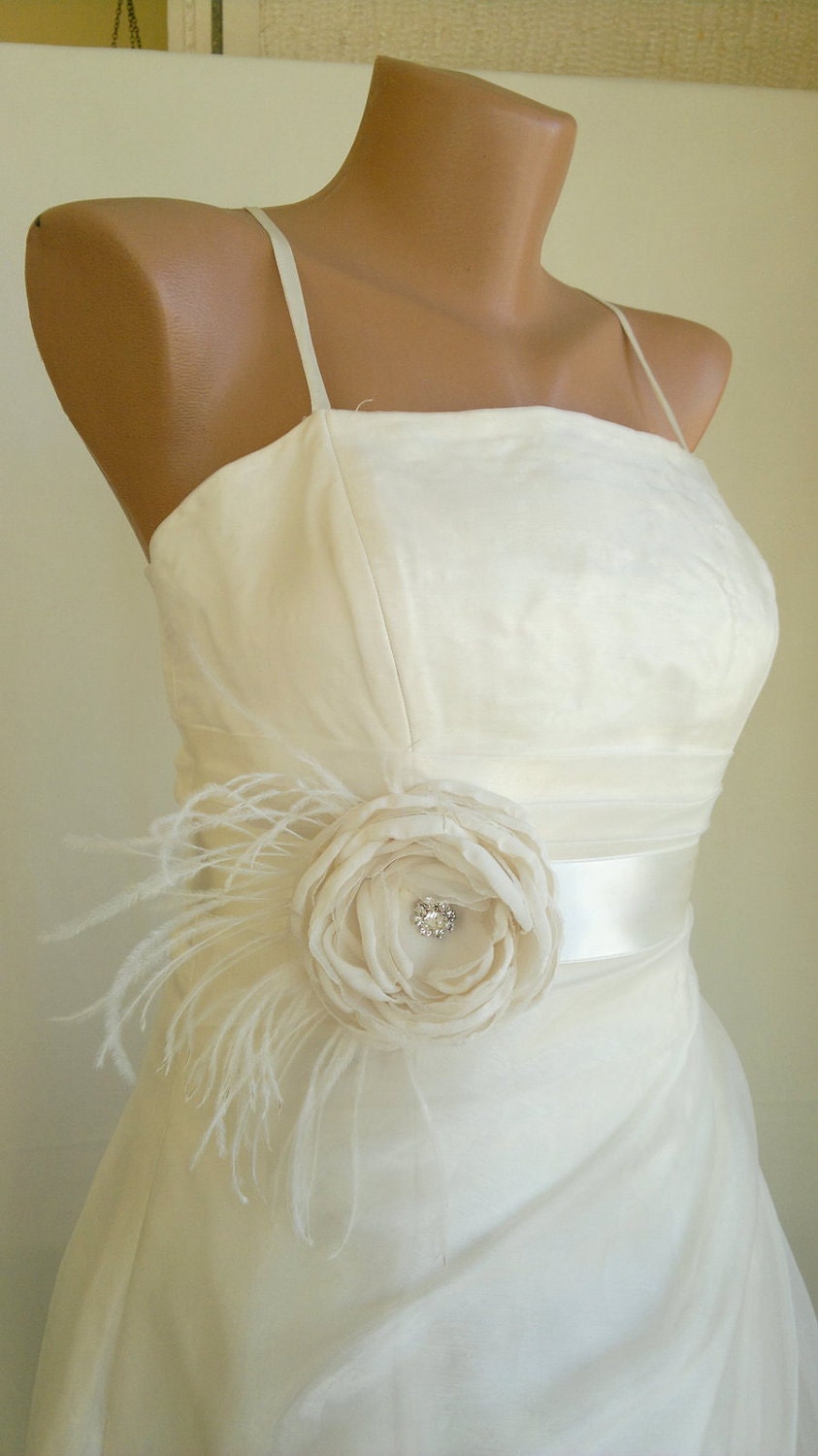 Handcrafted Fabric Flower With Rhinestone Wedding Dress  Ivory Bridal Sash Belt