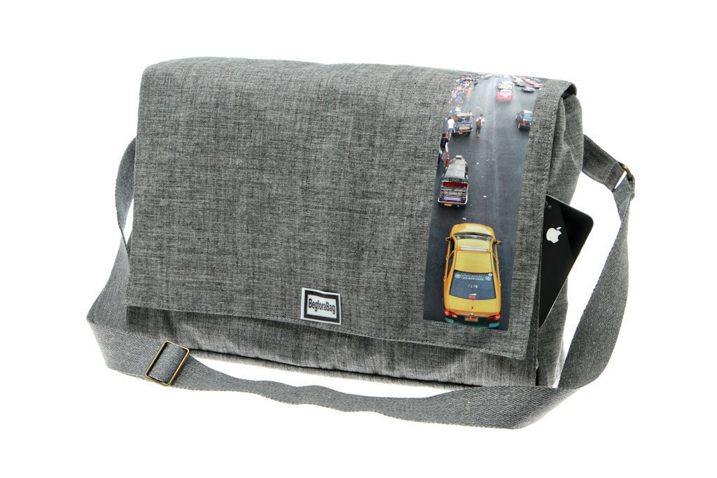 Grey cotton Bag , Printed Bag, Messenger Bag - Dundee Bangkok Print