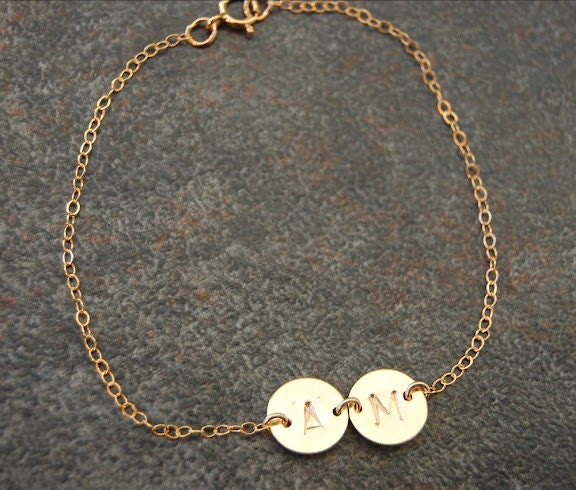 Double Gold Monogram Initial Bracelet, Twins Bracelet, Personalized Bracelet, Initial Bracelet, Gold Disc Bracelet, Madeline