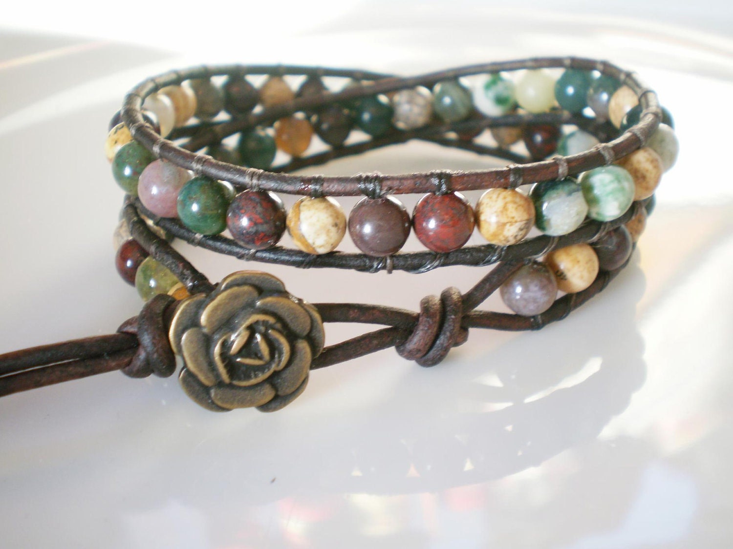 DesertRose Leather Wrap Bracelet w Jasper n Rose Button under 50 under 40