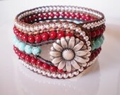 CUSTOM Big Red Beaded Leather Cuff Turquoise Mag Red Riverstone 5 Row Bracelet Five Row
