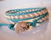 Leather Wrap Champagne Pearls on Turquoise w Elephant
