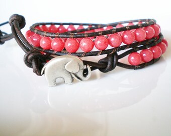 Pink Double Leather Wrap Bracelet with Mountain Jade and Elephant