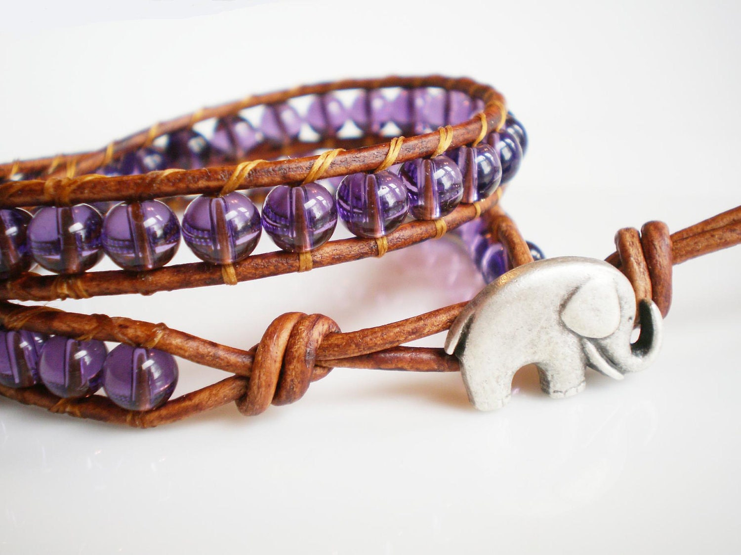 Purple Glass Beads Leather Wrap Bracelet with Elephant