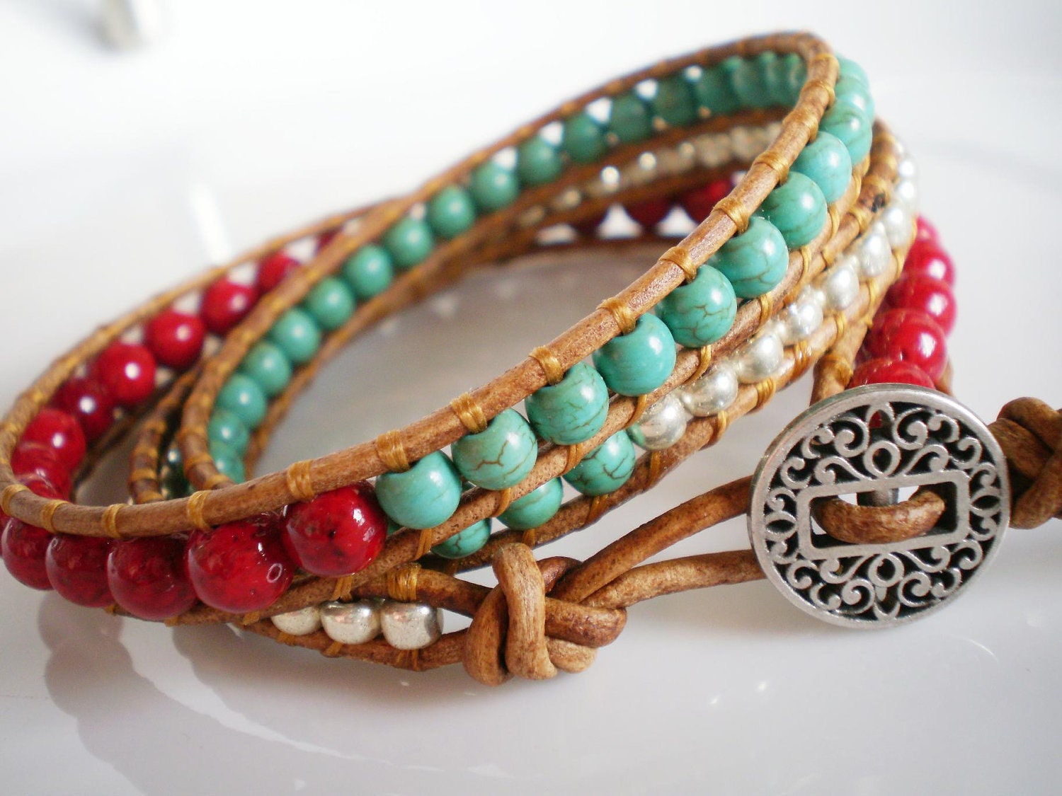 Southwest Leather Wrap Red Riverstone Turquoise Magnesite