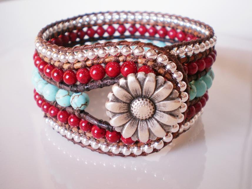 CUSTOM Big Red Beaded Leather Cuff Turquoise Mag Red Riverstone 5 Row Bracelet Five Row