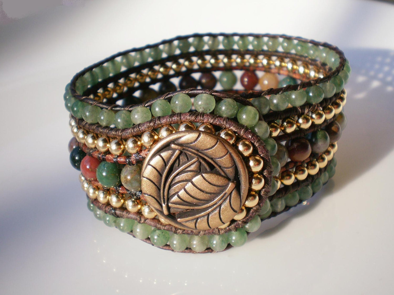 5 Row Beaded Cuff Leather Jasper Green Aventurine