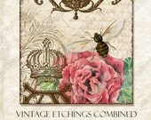 Queen Bee Rose 3 in square collage sheet, AJR-069 vintage inspired, birds, lady bugs, bee, roses, pansies, pansy, crown,  Original art watercolor, 3 in square card tags,  scrapbooking aceo U-PRINT, by Audrey Jeanne Roberts at Etsy