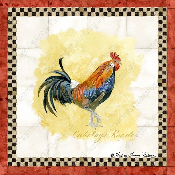 Tuscan Rooster Art Print, AJR-209A commercial craft use paintings Sheet, use for tiles squares roosters Cubalaya, greeting card supplies, scrapbooking, embellishments, scroll work, chocolate brown, gold, checkered