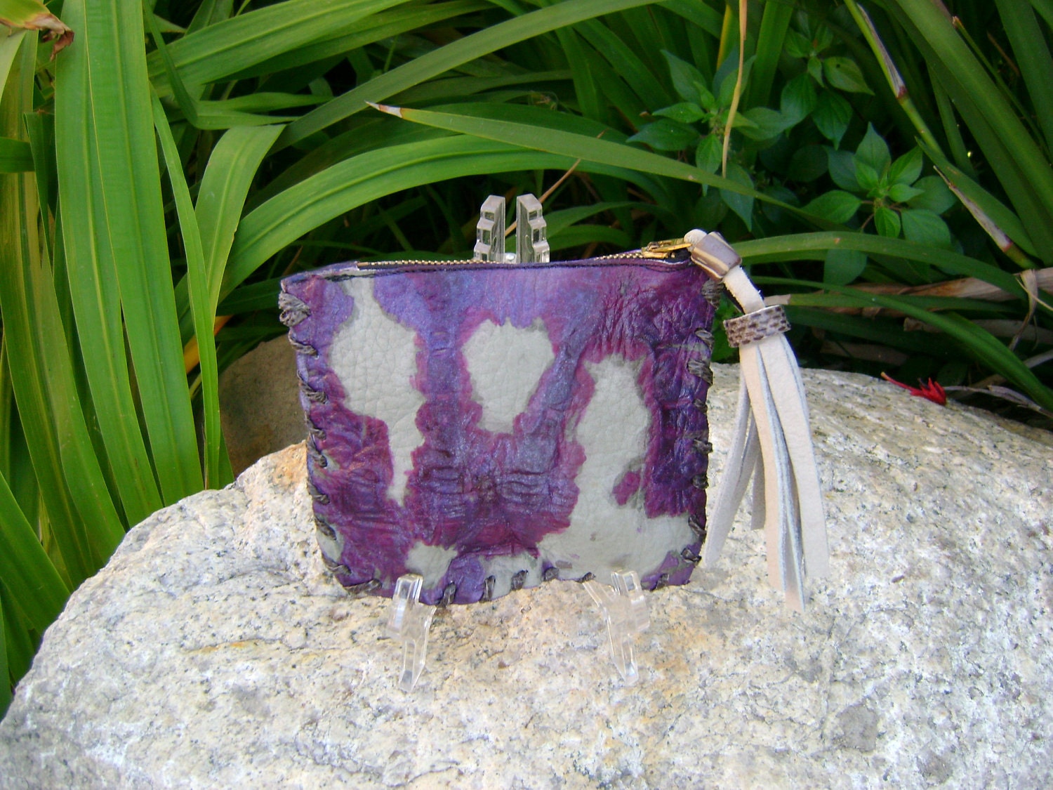 Custom Gray Purple Leather Tie Dye Clutch, Coin Purse, Pouch, Make Up Bag