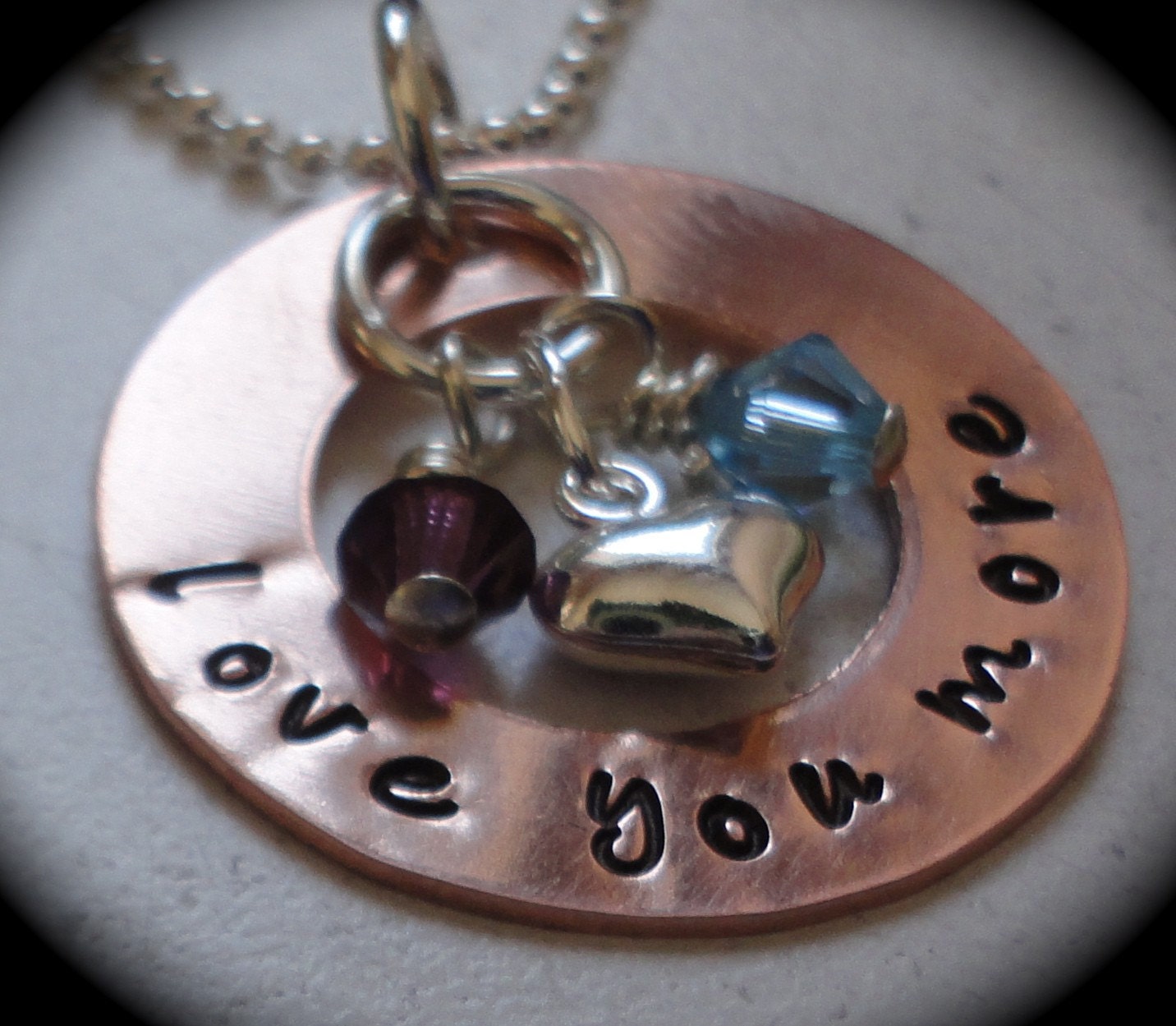 Love you more w/ birthstone dangles and heart charm -- Handstamped mixed metal necklace