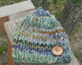 Denim-Green-Brown Pointed Top Button Beanie Baby Hat Hand Knit from Handspun  Merino Newborn Ready to Ship