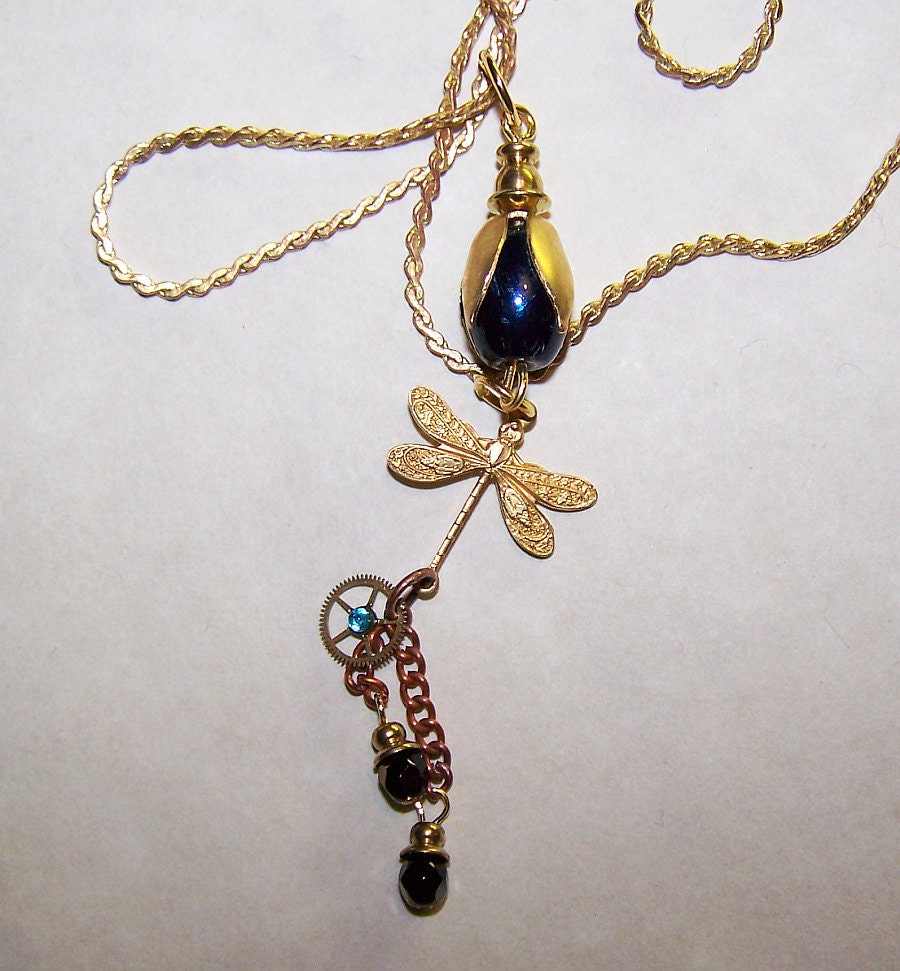 Victorian Iridescent Pendant with Dragonfly